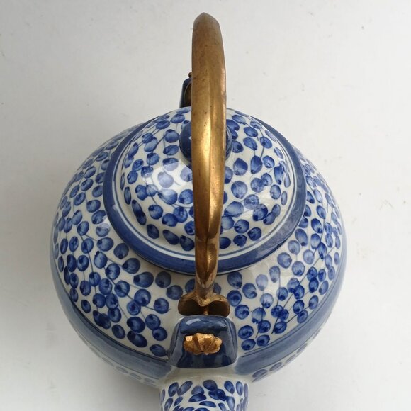 Oriental Style Blue & White Porcelain Teapot With Brass Handle Not Used VTG - Picture 4 of 12